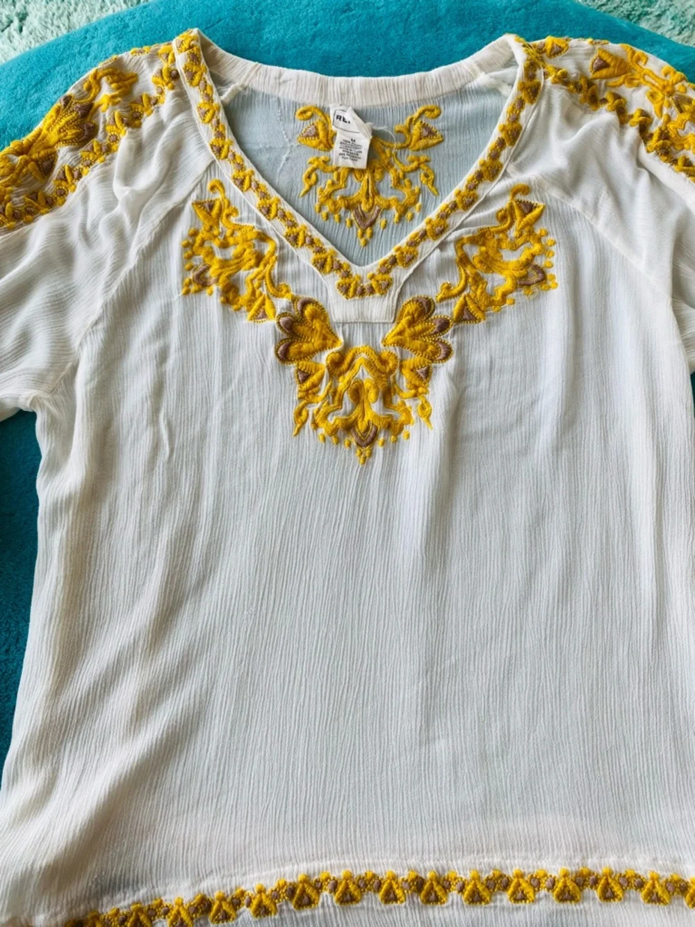 For The Republic White V-Neck Tunic with Yellow Embroidery